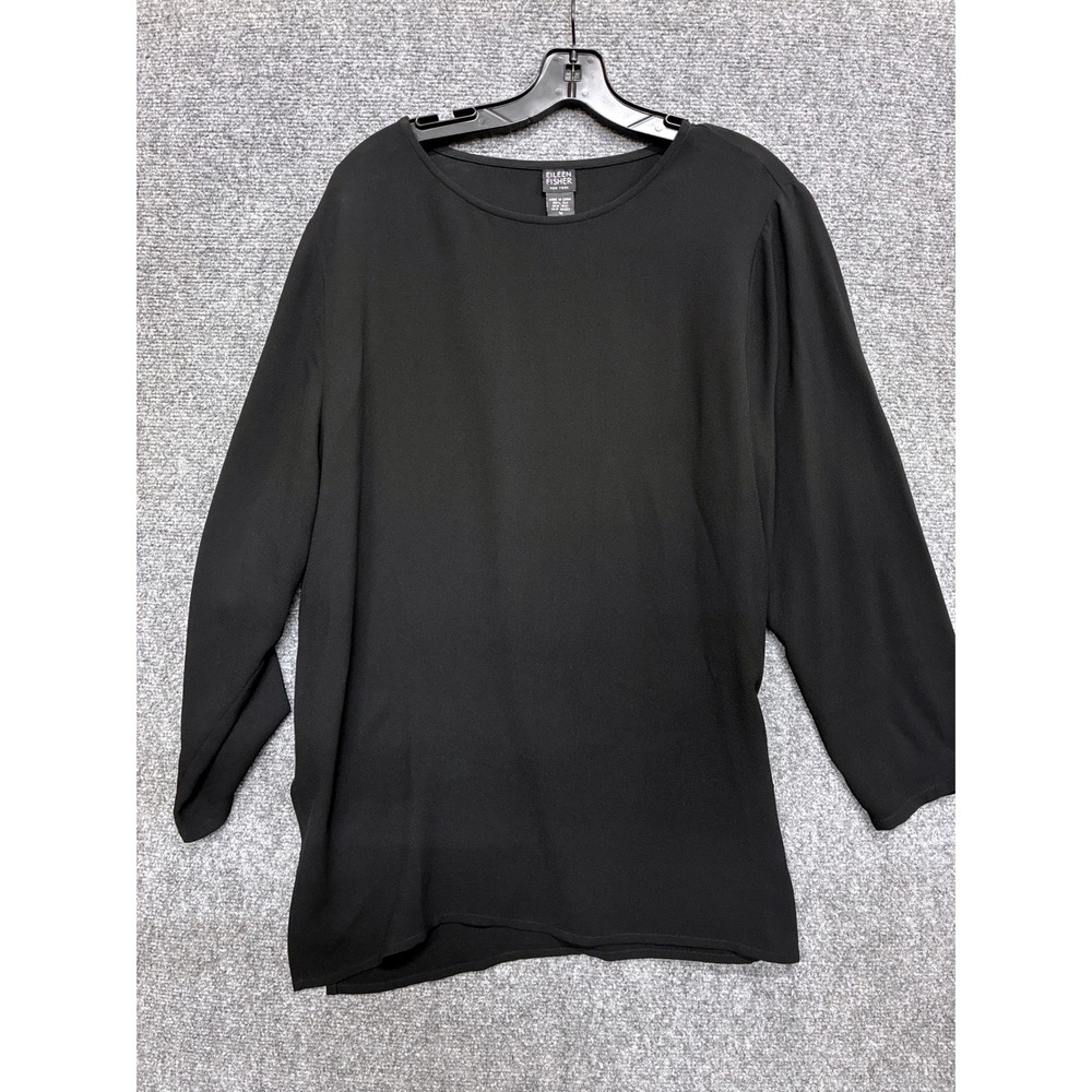 100% Silk Eileen Fisher Black Long Sleeve Crew Neck Blouse Top Medium